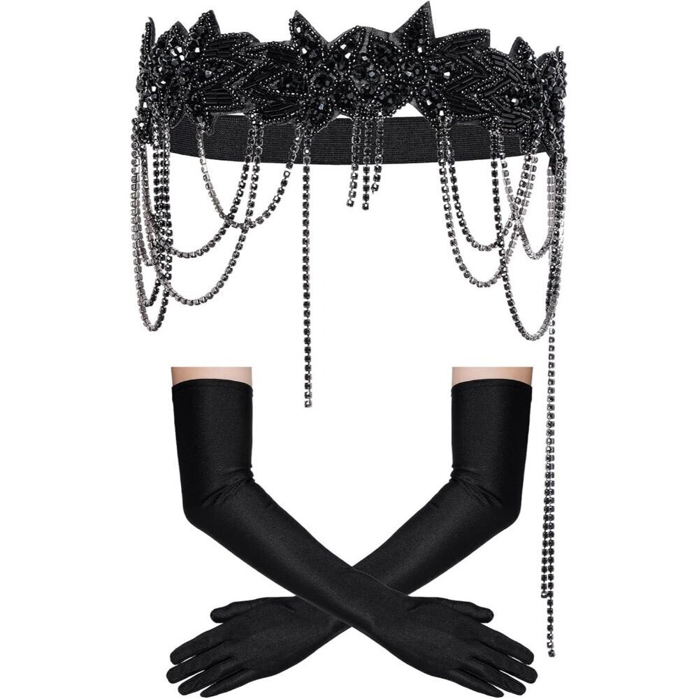 1920s Flapper Accessories Set Headpiece Long Gloves Roaring 20s Costume